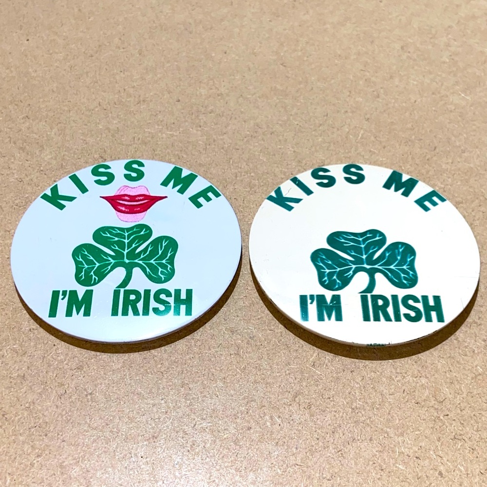 VINTAGE Kiss Me I’m Irish Clover Large Pins St. Patricks Day Lot Of 2ea 3.25”